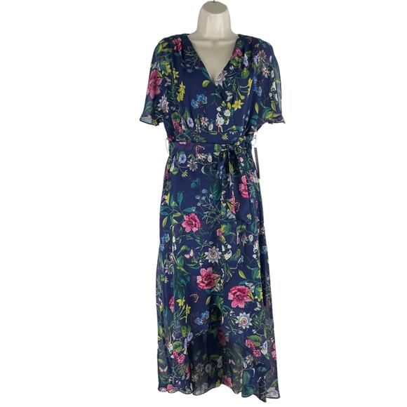 Eliza J Floral Printed Faux Wrap Midi Dress Hi Lo Hem Tie Waist Size 6 - Picture 4 of 11